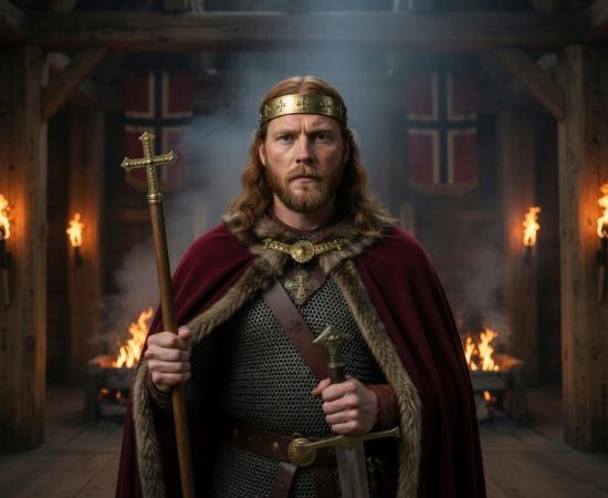King Olaf the Holy stands powerfully in a dimly lit Viking longhouse hall. He wears a simple golden circlet crown with crosses, a deep red fur-lined cloak over chainmail, and holds a large processional cross in one hand and a sword in the other.