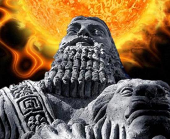 Deriv; Stone statue of Gilgamesh (CC BY 2.0), used here as a representation of an ancient Mesopotamian man. Background: Solar event. (CC0) Information provided by ancient Assyrian astrologers can help modern scientists predict future solar storms.