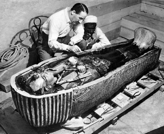Howard Carter opens King Tutankhamun's mummy coffin in the Valley of the Kings near Luxor, Egypt in 1922 or 1923
