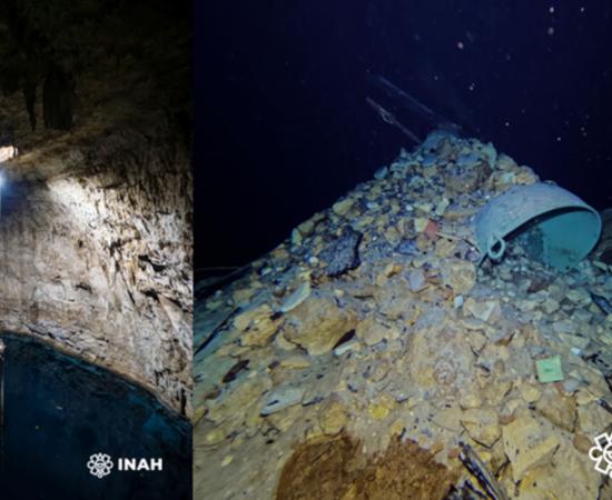 The cenote and pile of discarded items in the cenote.