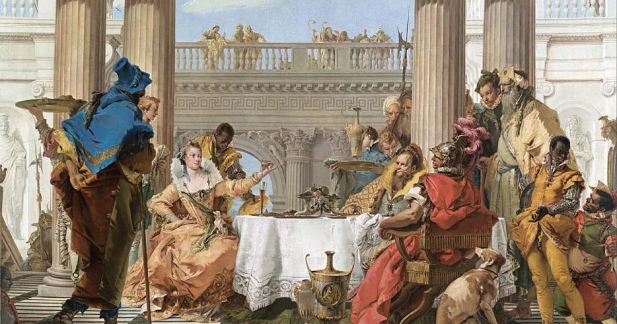 Giovanni Battista Tiepolo's famous painting of The Banquet of Cleopatra (painted 1743–44) shows Cleopatra's pearl above the tall glass of vinegar as Mark Antony looks on.	Source: Giovanni Battista Tiepolo / Public domain