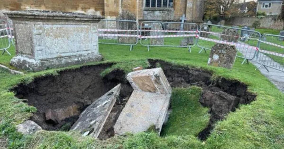 The collapsed tomb in the graveyard of All Saints Chuech, Martock, Somerset.