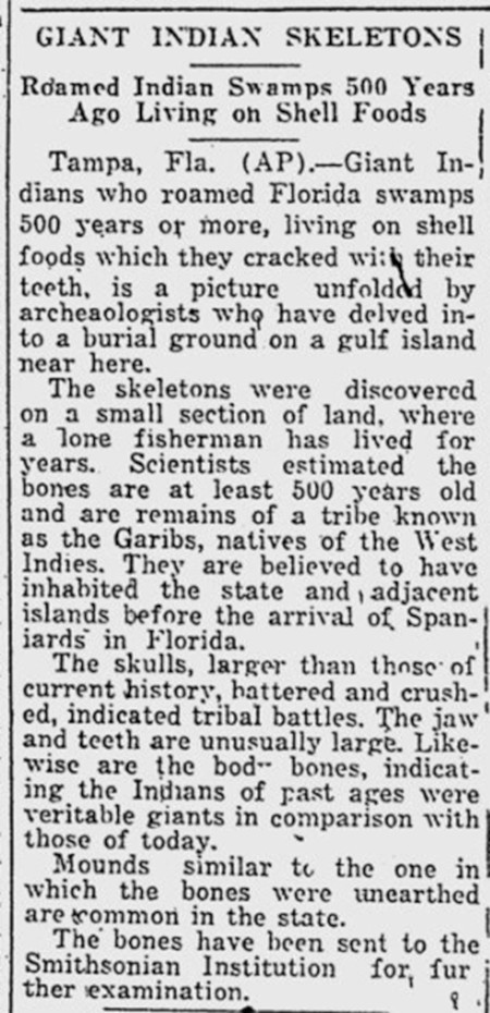 Newspaper article: "Discovery of giant skeletons in Tampa, Florida.
