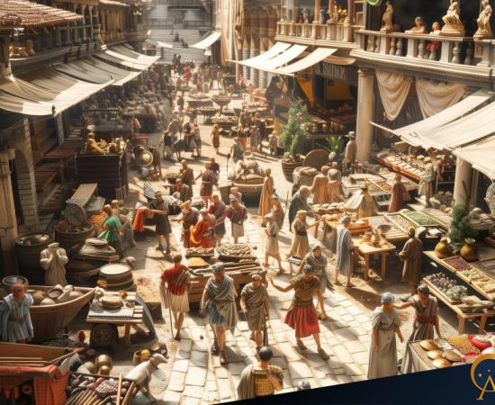Bustling Roman marketplace.