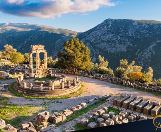 Temple of Athena Pronaia in ancient Delphi, Greece.