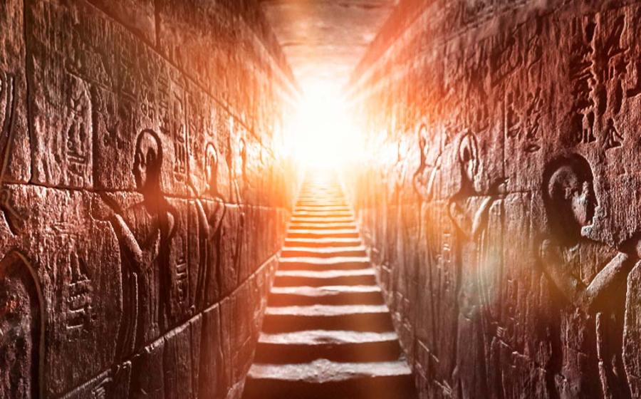 Egypt’s Edfu temple with its passage lined by two glowing walls full of Egyptian hieroglyphs. Source: Konstantin/Adobe Stock	