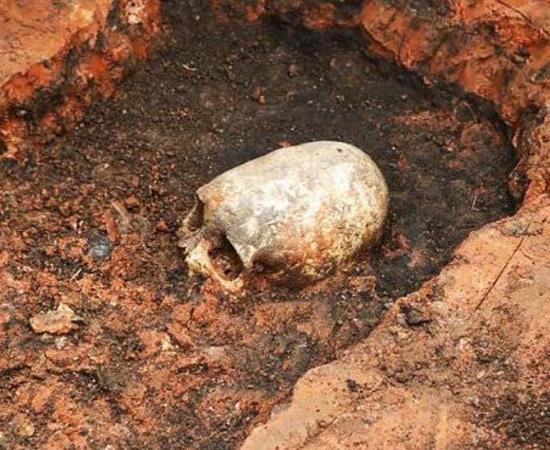 Elongated skull being unearthed, Arkaim, Russia 