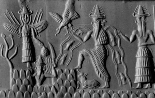 The figures can be identified as gods by their pointed hats with multiple horns. The figure with streams of water and fish flowing from his shoulders is Ea (Sumerian Enki), god of subterranean waters and of wisdom. Behind him stands Usimu, his two-faced vizier (chief minister). At the centre of the scene is the sun-god, Shamash (Sumerian Utu), with rays rising from his shoulders. He is cutting his way through the mountains in order to rise at dawn. To his left is a winged goddess, Ishtar (Sumerian Inanna). The weapons rising from her shoulders symbolise her warlike characteristics. (Public Domain)
