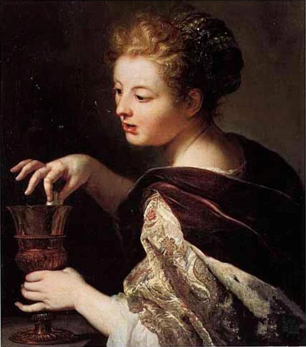 In this painting by Flemish painter Anthoni Schoonjans (1655–1726) Cleopatra is just about to drop her pearl in the chalice of vinegar as part of her luxury bet with Antony. (Anthoni Schoonjans / Public domain)