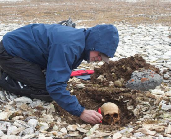 Anthropologist Douglas Stenton excavates the remains of a Franklin expedition sailor at Erebus Bay.