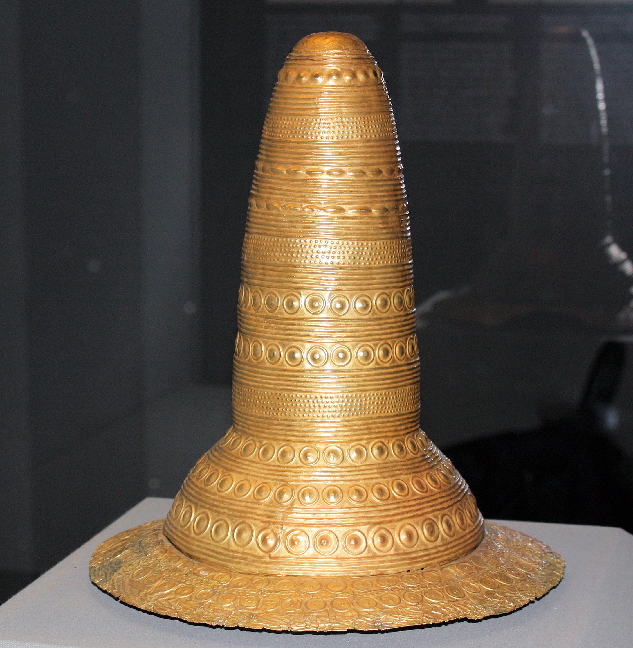 Golden Hat of Schifferstadt. It was found intact in a field just outside of Speyer, and it is housed in the Historical Museum of the Palatinate in Speyer. (Source: Wikipedia)  
