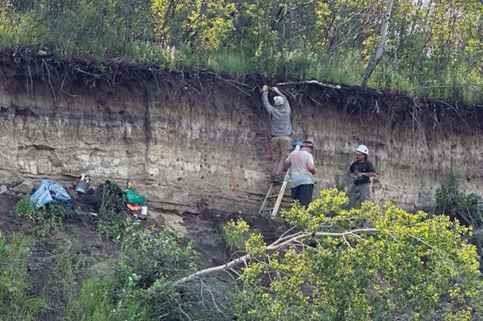 Archaeologists examine the eroding cliff where the site was discovered in Saskatchewan, Canada.