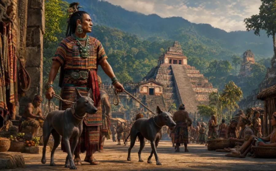 Representation of Maya city in Mexico, with Maya dog trader and dogs.