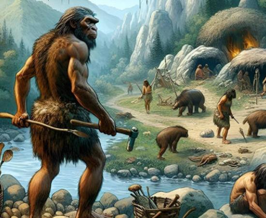 Neanderthal daily life image produced by Generative AI.