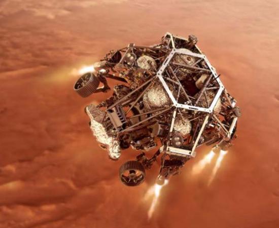 Illustration of the NASA Perseverance rover firing up its descent engines as it approaches the surface of planet Mars. Source: JPL-Caltech / NASA