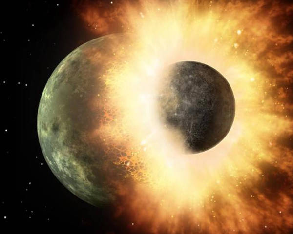 Artist's depiction of a collision between two planetary bodies. 