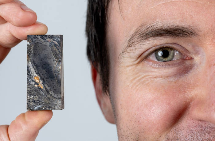 Research Associate Sandy Hetherington with a Prototaxites fossil sample 