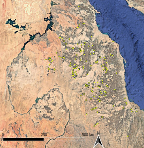 Map indicating enclosure burial sites found across Eastern Sudan