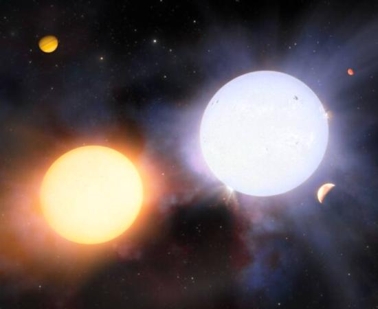 Illustration of binary pair of giant starts, accompanied by multiple planets. 
