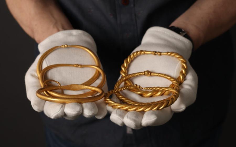 The six gold rings that make up the Rold Viking hoard found in Denmark